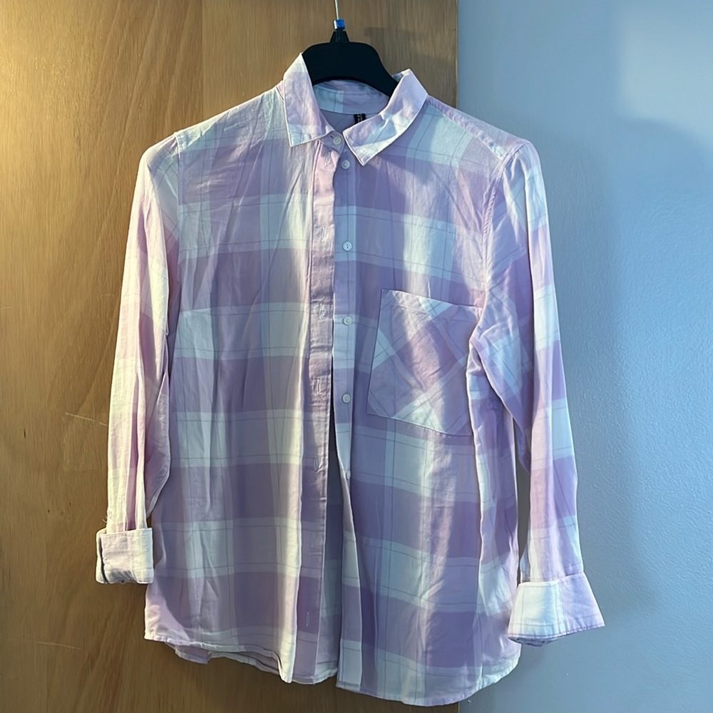 Divided purple plaid button up. Size M.
